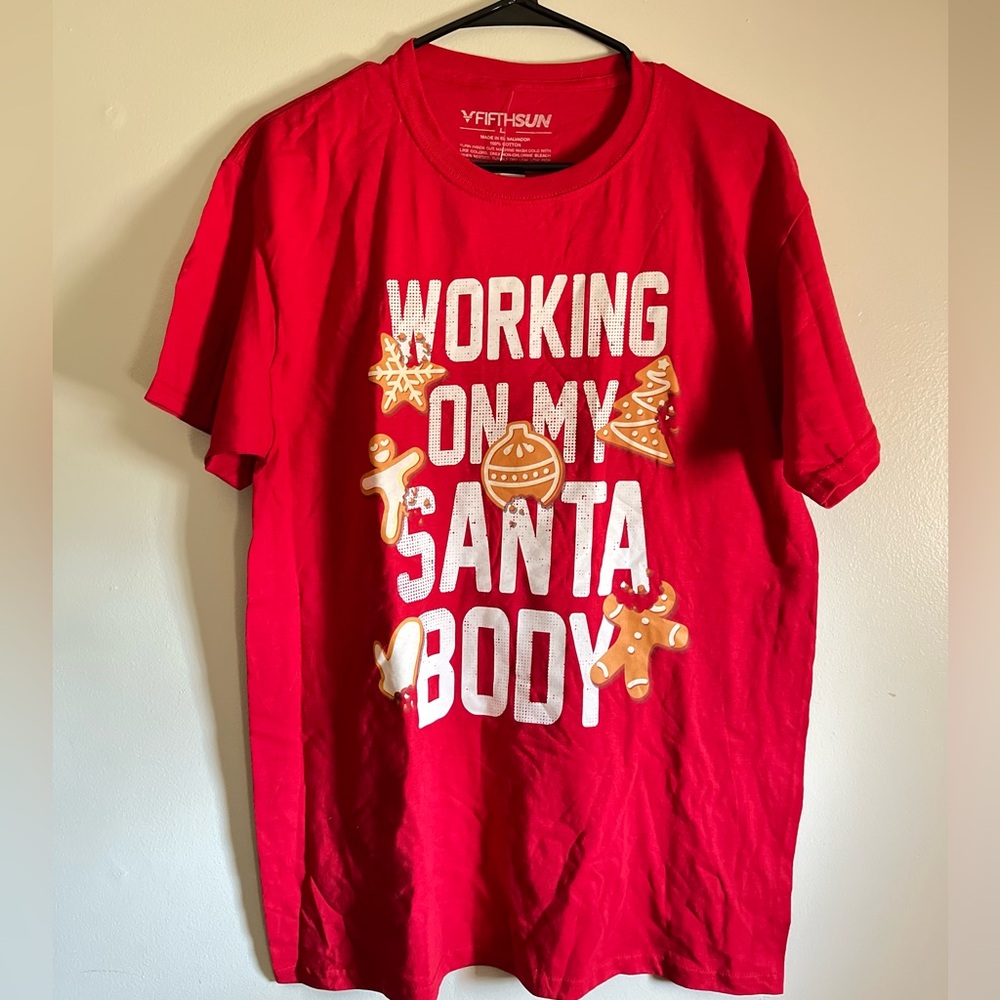 Mens Red Working On My Santa Body Christmas Cookie Gingerbread Man T-Shirt NWT